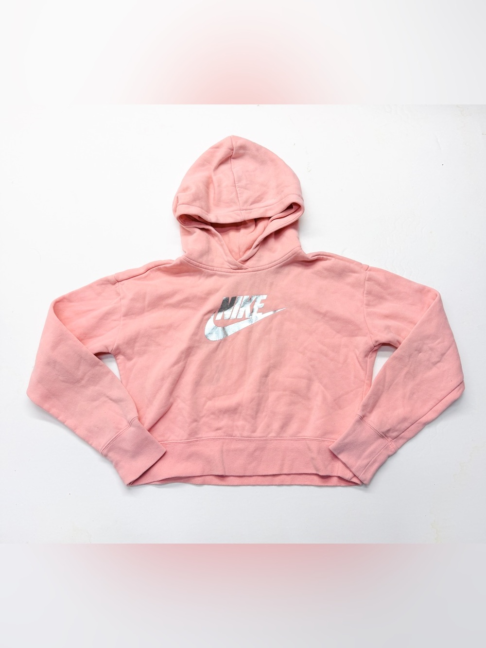 Nike Pink Cropped Hooded Pullover Sweatshirt Hoodie Foil Logo